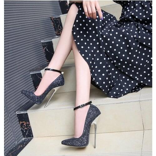 16CM pointed toe super high heels 2020 fall new sequined metal stiletto heels super large size shallow mouth single shoes women