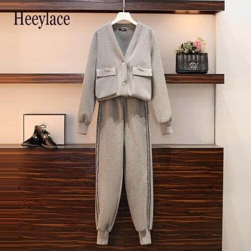 Plus Size 4XL Women Cotton Suit Winter Cardigan jacket Coat Top And Pearls Side Pant Two Piece Set Outfit Tracketsuit Clothing