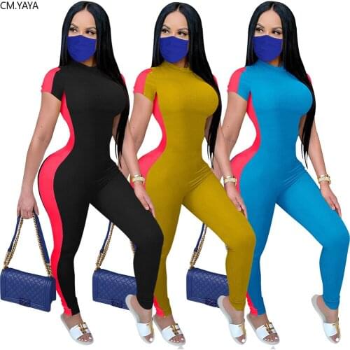 CM.YAYA Active Wear Knitted Patchwork Moto Biker Short Sleeve Bodycon Women Skinny Sport Jumpsuit One Piece Romper Overalls