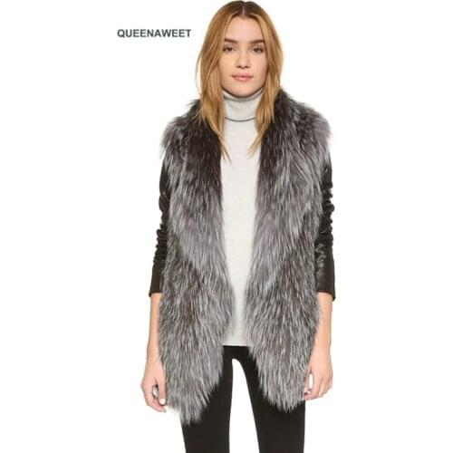 Real Knit Silver Fox Fur Vest With Collar Natural Fox Fur Gilet Overcoat Jacket