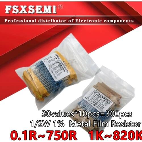 30values*10pcs=300pcs 1/2W Resistance 1% 0.5W Metal Film Resistor Assortment Kit( 0.1R~750R ohm) (1k~820K)
