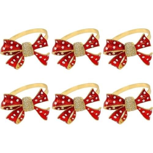 6Pcs/Lot Christmas Bow Red Napkin Buckle Diamond Napkin Ring Ring Holder Holiday Party Table Decoration
