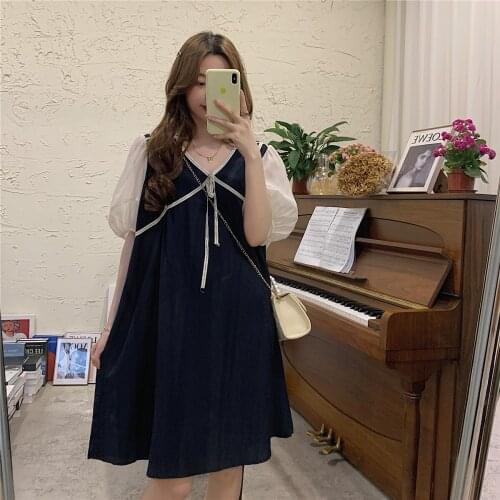 63114# Maternity Dress Summer V Neck Short Sleeves Easy Matching Loose Stylish Dress Pregnant Women Mom Dress