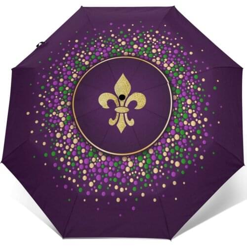 Automatic Umbrella Rain Women Three-folding Umbrella Mardi Gras Dotted Frame With Golden Fleur De Lis Windproof Umbrella