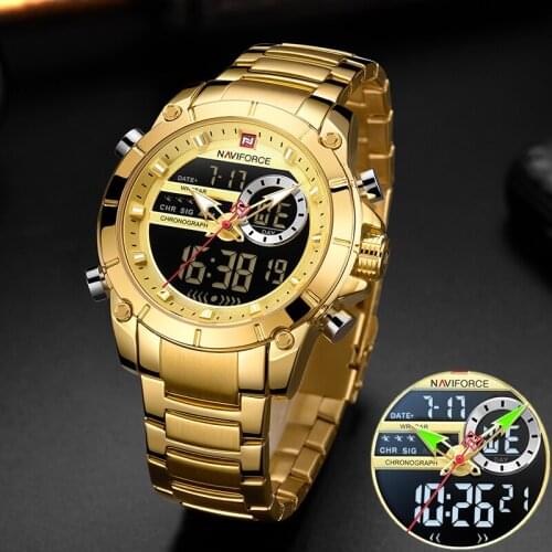 Men Watch Military Sport Wrist Watch Waterproof Gold Quartz Stainless Steel Watch For Men Dual Display Watches Montre Homme