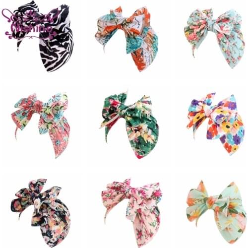 Lovely Flowers Pattern Big Bowknot Baby Girls Turban Hat Vintage Print Bows Infant Caps DIY Clothing Decoration Kids Accessories
