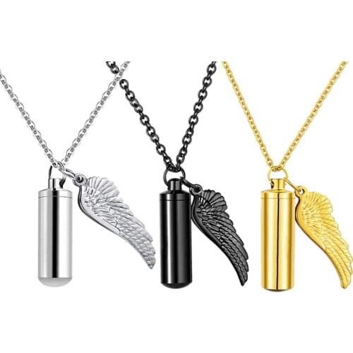 Custom Stainless Steel Holder Cylinder Ashes Urn Pendant With Pet Paw &Angel Wing Charm Cremation Memorial Necklace Jewelry