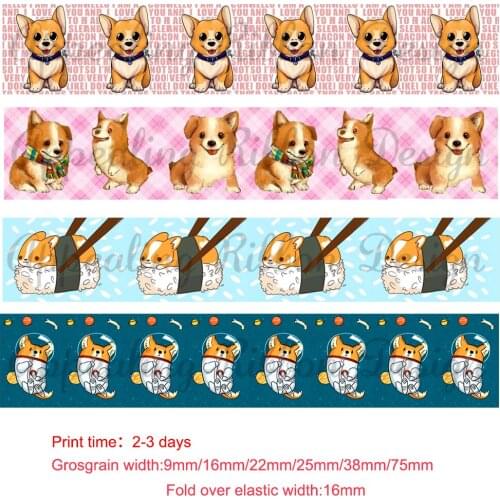 Custom cartoon cute dog printed grosgrain ribbon fold over elastic printing ribbons DIY hair accessories band 50 yards