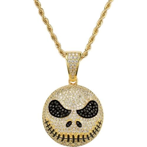 Iced Out Hip Hop Necklace 18k Gold Plated Zirconia Simulated Diamond Chain Skull Jack Pendant Jewelry for Men