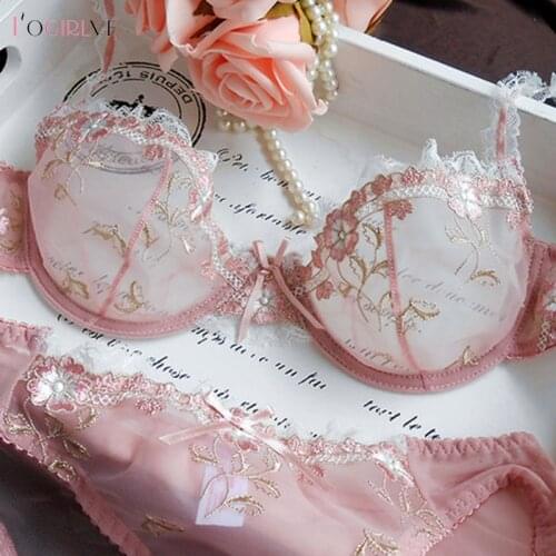 Logirlve Exquisite embroidery lotus pink ultra-thin womens sexy transparent lace underwear bra set