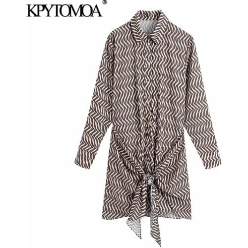 KPYTOMOA Women 2021 Fashion With Knot Printed Mini Shirt Dress Vintage Long Sleeve Button-up Female Dresses Vestidos Mujer