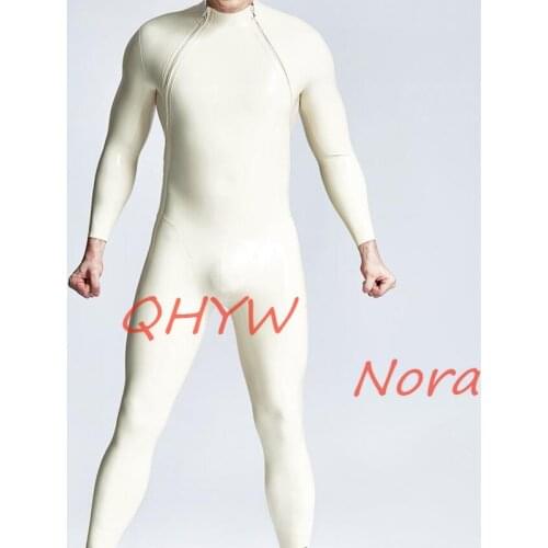 Handmade Latex Catsuit Male Rubber Bodysuit White Color with 2 Front Zippers Men Cosplay Costume