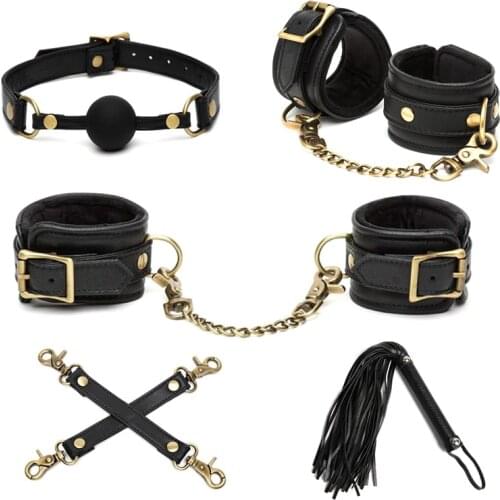 5pcs/set BDSM Bondage Handcuffs Black Ankle Cuff Restraints Leather Whip And Mouth Gag Ball Sex Adult Erotic Toys For Couples