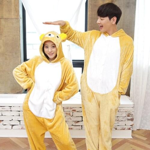 Soft Fabric Flannel Warm Rilakkuma Bear Nightwear Hooded Onsie Pyjamas Couple Pajamas Women Onesie Sleepwear Kigurumi Clothes