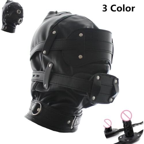 Leather Exotic Bondage Hood Set With Strap On Dildo Gag And Removable Muzzle Blindfold For Sex Bdsm Slave Role Play Adults Games
