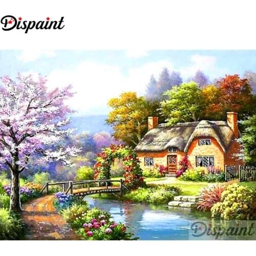 Dispaint Full Square/Round Drill 5D DIY Diamond Painting "Lakeside cottage" 3D Embroidery Cross Stitch Home Decor Gift A11661