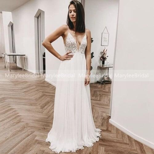 Sexy Boho Wedding Dress Lace Appliqued Backless Chiffon Beach Bridal Gowns Spaghetti Straps Wedding Party Dress vestido de noiva