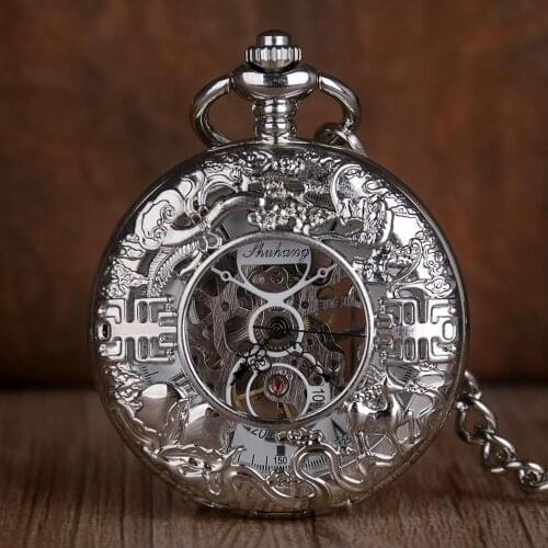Silver Vintage Pocket Watches Steampunk Mechanical Pocket Watches Hand Wind Carved Hollow Fob Clock Necklace Chain For Men Women