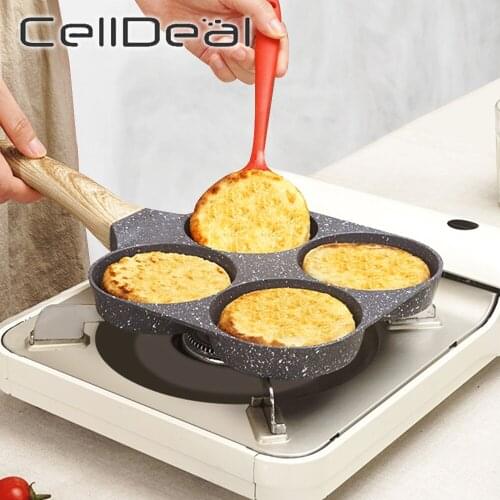 Four-hole Frying Pot Thickened Ham Pancake Maker Omelet Egg Hamburger Machine Wooden Handle Non-stick Cookware For Breakfast