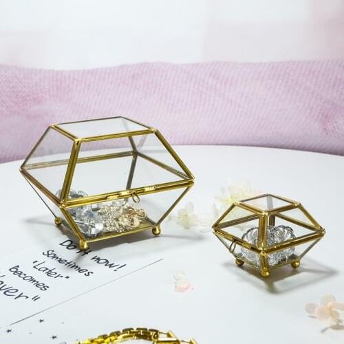European Style Princess Glass Jewelry Box Retro Copper Color Glass Jewelry Box High-End Ring Jewelry Storage Box Display Box