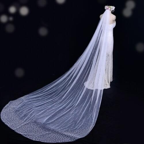 ZMV10 Beautiful Long Pearls Wedding Veil White Ivory Handmade Bride Tulle for Women Cathedral Marriage Wedding Hair Accessories