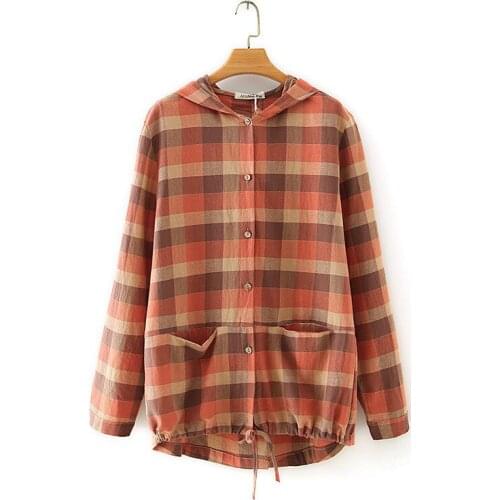 Plus Size 2XL-5XL Women Plaid Blouse Hooded Large Size Autumn Vintage Tops Female Casual Blusas