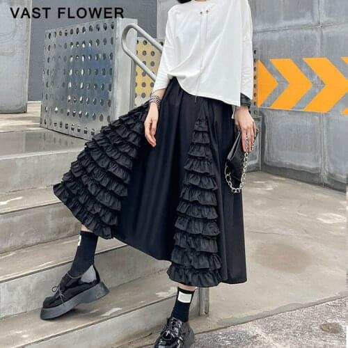 Black High Waist Spliced Fungus Skirt Women New Loose Temperament Casual Midi A-Line Skirts Fashion Clothes Summer 2021