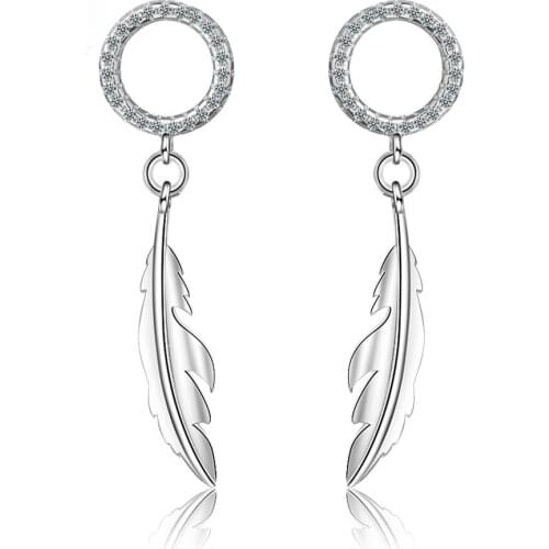 Utimtree New Design Feather Shape Women 925 Silver Long Statement Earrings Jewelry with Cubic Zirconia Drop Earring for Party