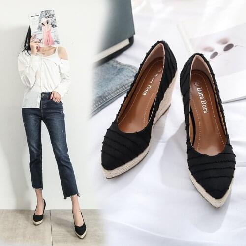 Womens wedge espadrilles, thick high-heeled platform shoes, shallow mouth, straw weaving, spring and autumn, 2021