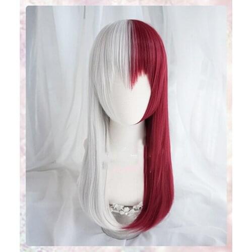 My Hero Academia Todoroki Shoto Women Long Wig Cosplay Costume Boku no Hero Academia Red White Hair Halloween Party Wigs+Hairnet