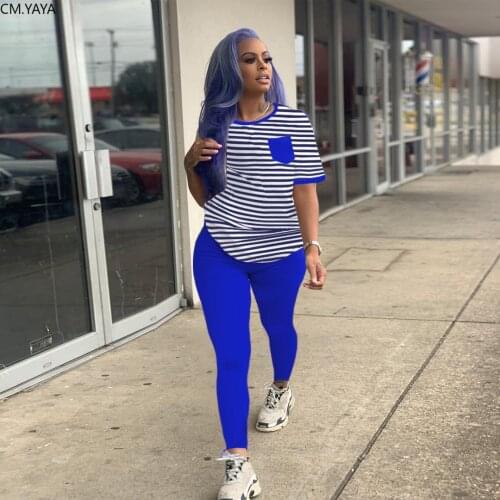 CM.YAYA Sport Womens Set Striped Long Sleeve Tee Tops Legging Pants Suit Active Wear Tracksuit Two Piece Set Fitness Outfit