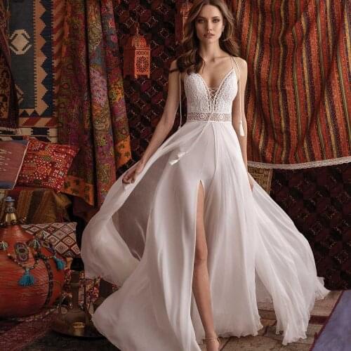 2021 Summer Beach Wedding Dresses Backless High Side Split Sexy A Line Boho Bridal Gowns Floor Length Bride Vestidos De Novia