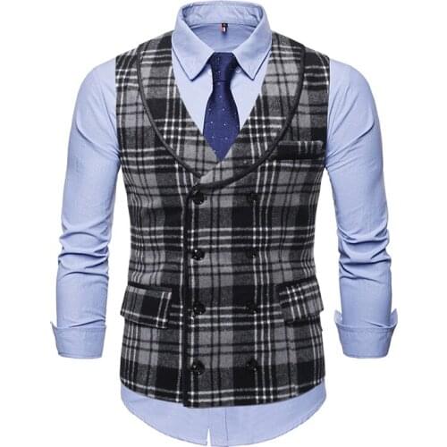 Autumn/Winter New Grid Waistcoat Vest Double Breasted Mens Casual Waistcoat Slim Fit Wedding Clothing Formal Business Jacket