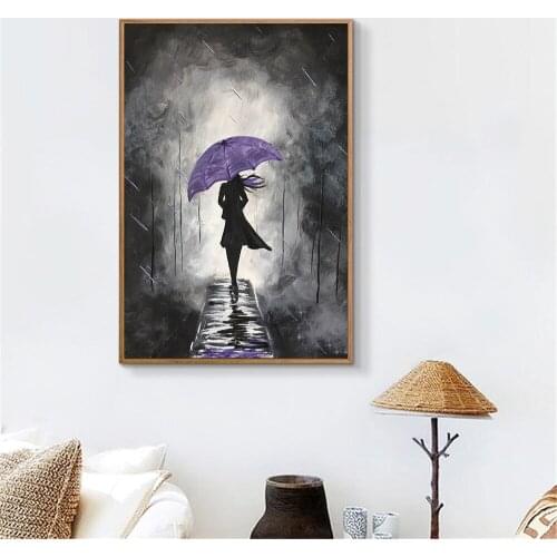 Abstract Wall Art Retro Rain Red Purple Umbrella Girl Posters and Prints Canvas Oil Painting Wall Pictures Home Decor