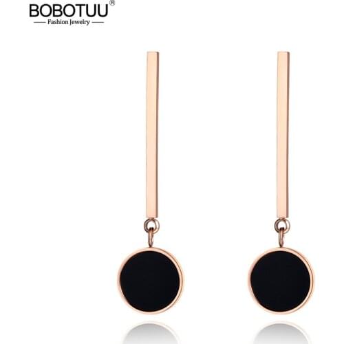 BOBOTUU Classic Black Round Acrylic Long Earrings For Women Girls Rose Gold Stainless Steel Jewelry Christmas Party Gift BE19007