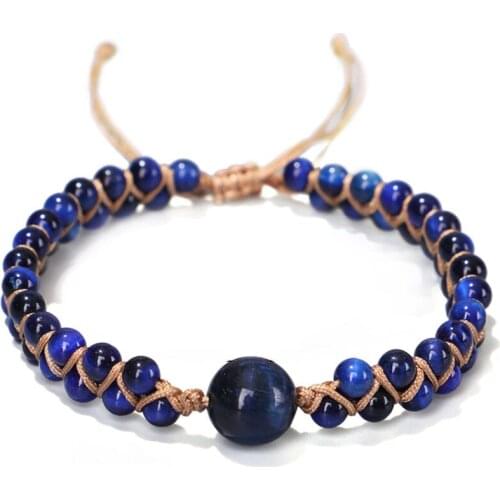 Handmade DIY Natural Stone Charm Warp Bracelet Blue Tiger Eye Stone Beads String Braided Yoga Bracelet Bangle Women Men Jewelry