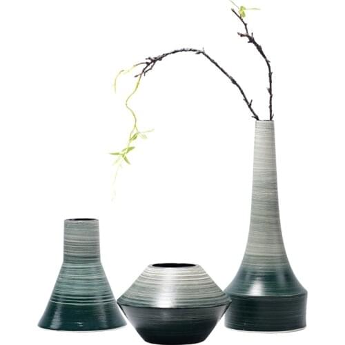 Ceramic Vase Three-Piece Set Dark Green Flower Ware Coffee Table Bathroom Countertop Decoration Ornaments Ceramic Vase