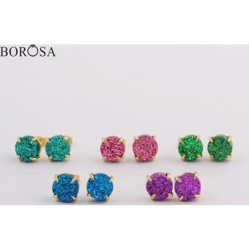 BOROSA Candy Round Gild Claw 10mm Natural Agates Druzy Studs Titanium Rainbow Drusy Stud Earrings Girls Gifts Dropship ZG0412
