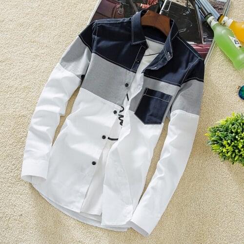 Mens Shirt 2021 Spring New Mens Korean Style Slim-fit Lapel Long-sleeved Shirt Fashion Casual Youth Color Matching Shirt