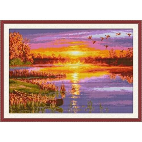Joy Sunday Cross Stitch Kits Autumn Sunset Stamped Patterns Thread Counted 11CT 14CT Printed Fabric Canvas Embroidery Needlework