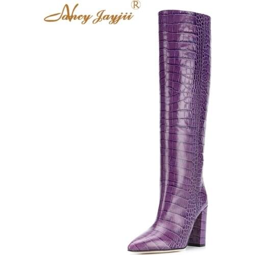 Purple Crocodile Knee High Long Boots Block Heel Pointed Toe Luxury Winter Shoes Women Dress Party Slip On Plus Size 43 45 2019