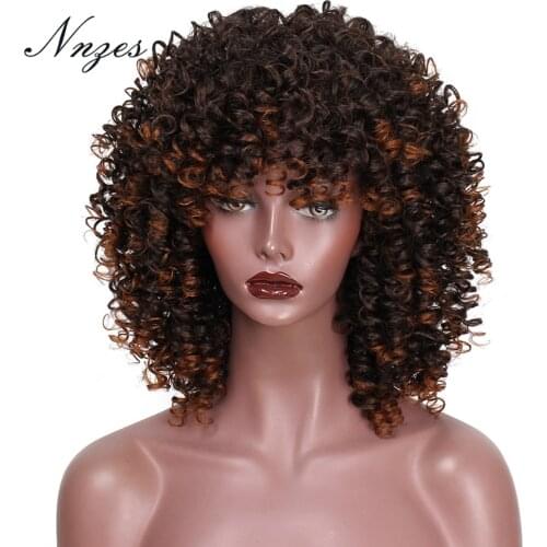 NNZES 14inches Afro kinky Curly Wig Ombre Black Brown Wig With Bangs Short Synthetic Wigs for Black Women