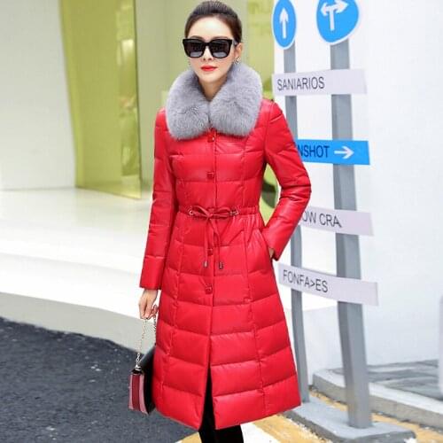 Leather Genuine Winter Jacket Women Down Jacket Plus Size Red Korean Long Coat Sheepskin Leather Chaqueta Mujer KJ633