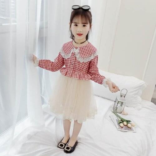 Girls Long Sleeve Princess Dresses Spring Fall Childrens Plaid Tulle Spliced Dress Kids Cute Gauze Lace Embroidered Dress B346