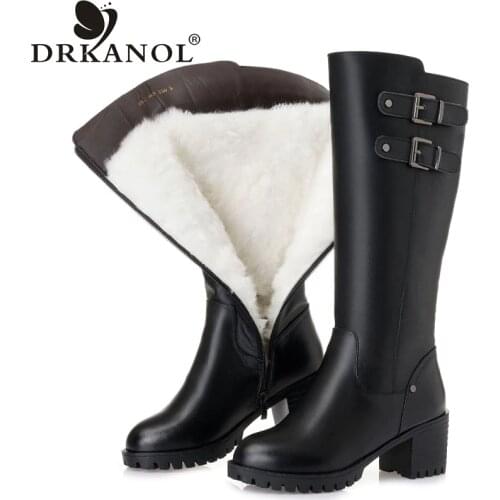 DRKANOL Winter Warm Wool Boots Women High Heel Knee High Boots Black Genuine Leather Waterproof Thick Heel Fur Women Boots H669