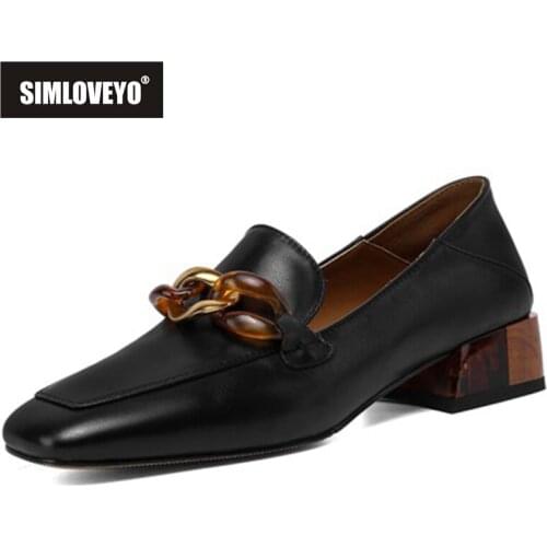 SIMLOVEYO 2021 Spring Slingbacks Metal Chain Pumps Solid Loafer Women Shoes Leather Square Toe Beading Slip-On 3.5cm Square Heel