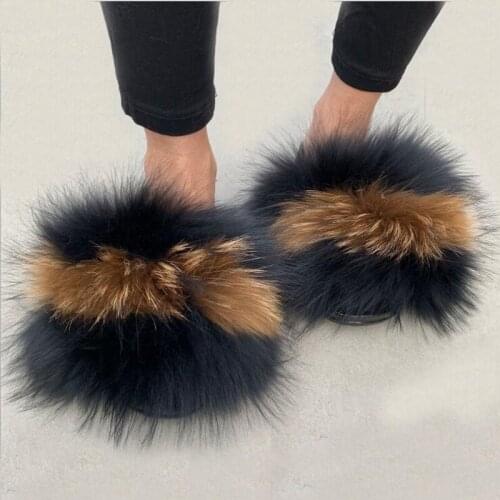 Women Shoes Women Slippers Real Fox Fur Slides Girl Home Slippers Women Shoe Fluffy Flip Flops Furry Sandals Sneakers Fur Slides