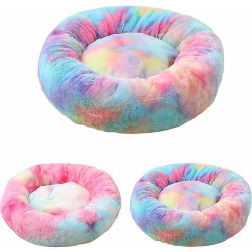 Tie Dye Long Plush Cat Bed House Soft Round Cat Bed Winter Pet Dog Cushion Mats For Small Dogs Cats Nest Warm Puppy Kennel