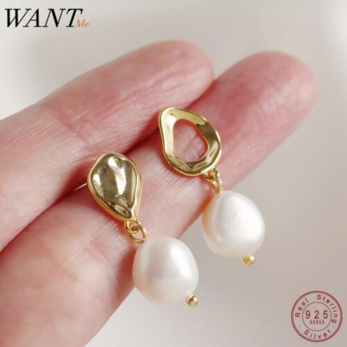WANTME High Quality Asymmetric Geometry Natural Pearl Drop Earrings For women Real 100% 925 Sterling Silver Accessories Jewelry