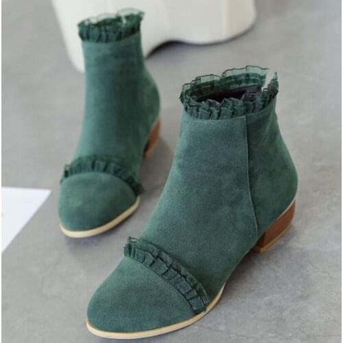 Ladies sweet lace band short winter boots women pointed toe flock botines mujer big size 34-45 ruffles ankle boots women 523